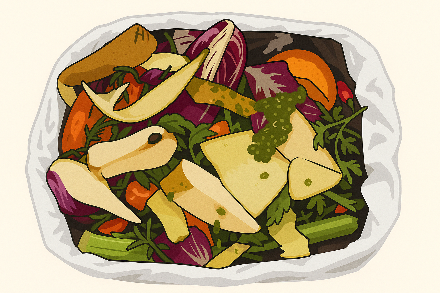 An illustration of a kitchen compost bin lined with a white bag, filled with assorted food scraps such as potato peels, vegetable trimmings, orange peels, and leafy greens.