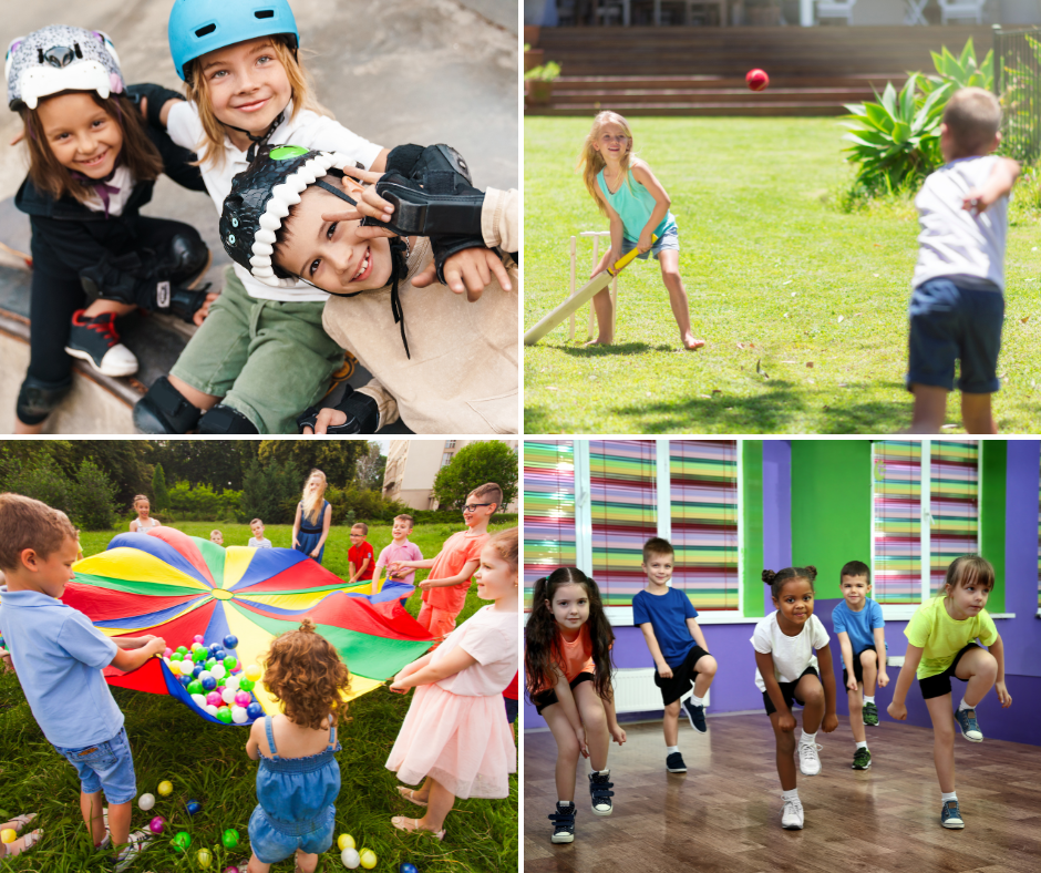 Top Left – A group of children wearing helmets and protective gear, happily posing at a skate park, likely after rollerblading or skateboarding.
Top Right – Two children playing cricket on a grassy lawn, one batting and the other bowling.
Bottom Left – A group of children playing with a colorful parachute and plastic balls in an outdoor park, supervised by an adult.
Bottom Right – A group of children indoors, engaged in a fitness or dance class, possibly following a routine.
This image seems perfect for promoting a kids’ summer camp, activity center, or sports program, showing a range of exciting options both indoors and outdoors.