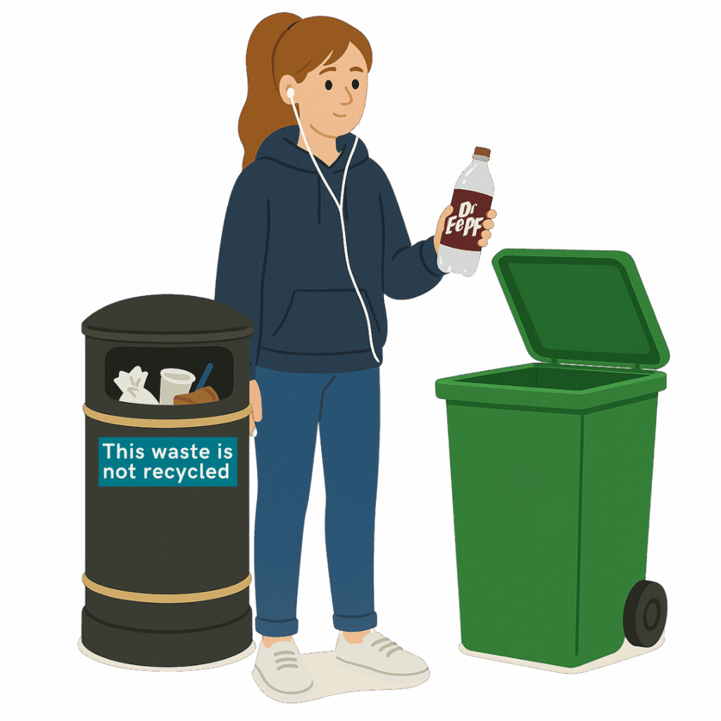 An illustration of a woman with headphones, wearing a blue hoodie and jeans, holding a "Dr Peppe" bottle. She stands next to a black litter bin and a green wheelie bin with an open lid. The main text states, "Litter bins = not recycling." The secondary text instructs, "If you want to recycle bottles, cans and plastic, please take them home!"