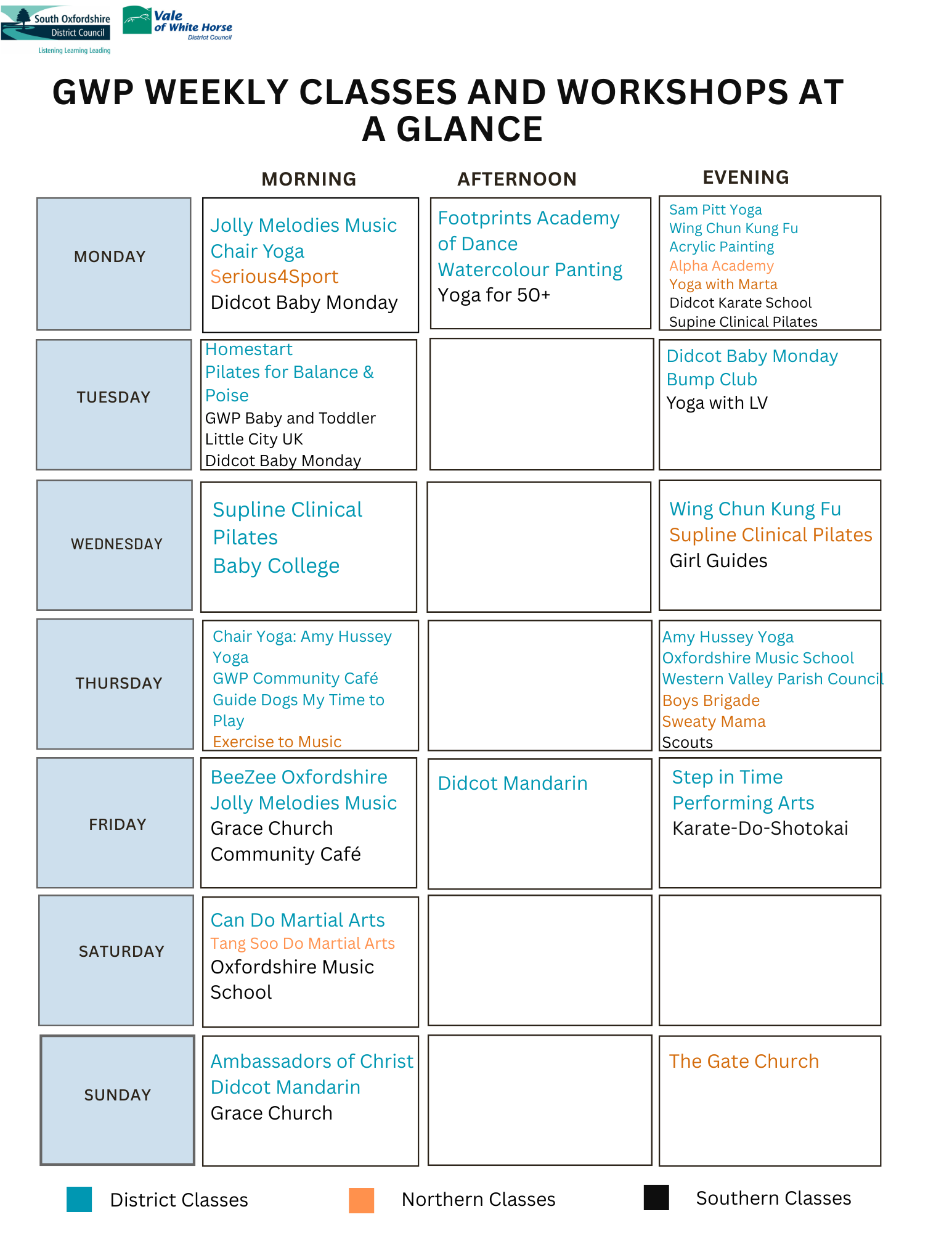 Classes taking place at the GWP community centres, listing the day and time of day for each class