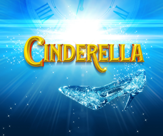 Cinderella in bright yellow with a glass slipper under the text