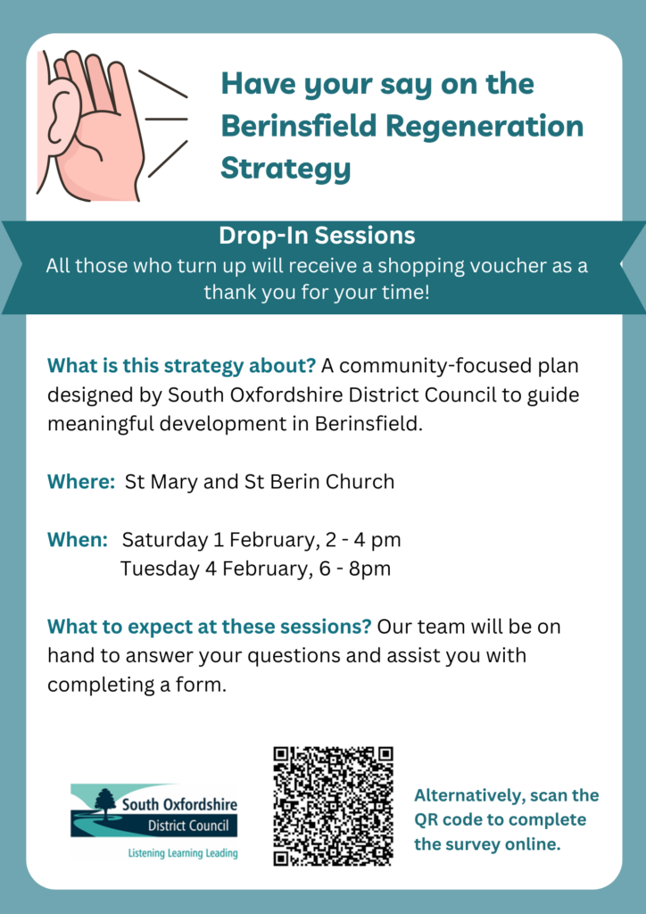 Drop in sessions taking place at St Mary and St Berin Church Saturday 1st February 2-4pm and Tuesday 4th February 6-8pm. 