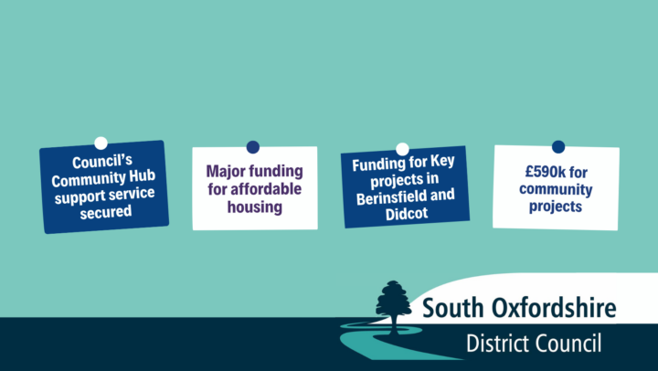 Alt text – ‘South Oxfordshire District Council budget approved for 2025-26: Council’s Community Hub support service secured, Major funding for affordable housing, £590k for community projects, Funding for key projects in Berinsfield and Didcot