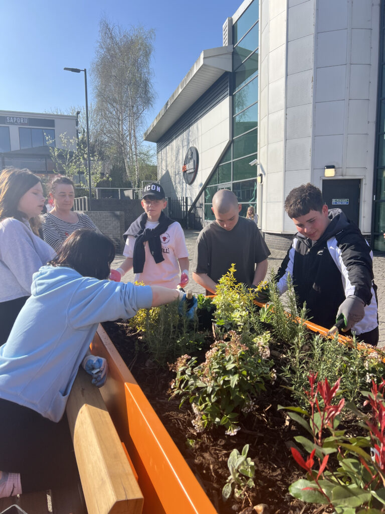 Teenagers planting plants in an orange planter