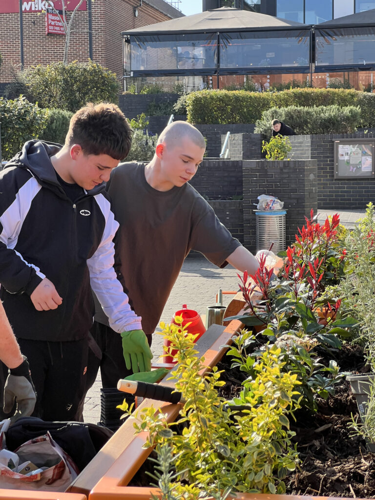 Teenagers planting plants in an orange planter