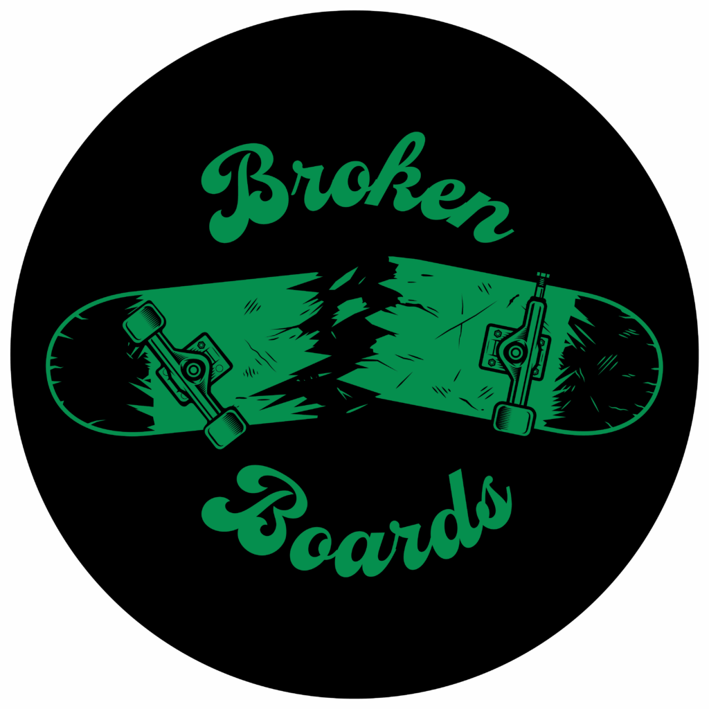 Broken Boards logo with broken skateboard