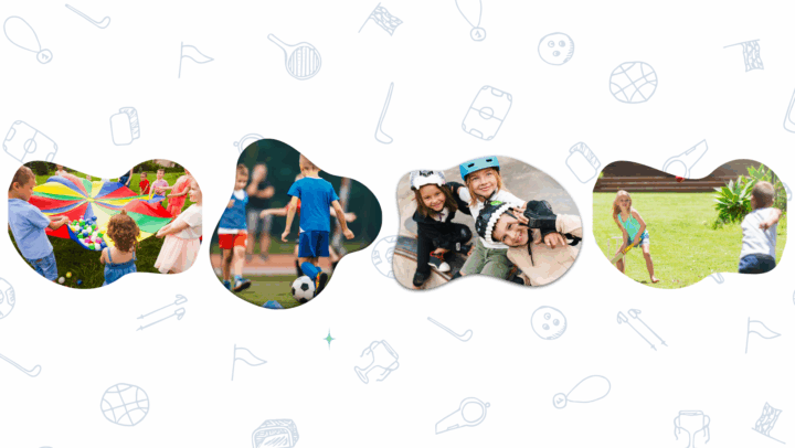 Four photo sections, each shaped uniquely, showing kids engaged in different fun outdoor activities: Playing with a colorful parachute. Playing soccer. Smiling with helmets and pads—possibly at a skate park. Playing a game with a bat and ball (like cricket or baseball). Background elements include light blue line-art illustrations of various sports and outdoor items: whistles, trophies, soccer balls, tennis rackets, flags, etc.—emphasizing the fun and active summer theme.