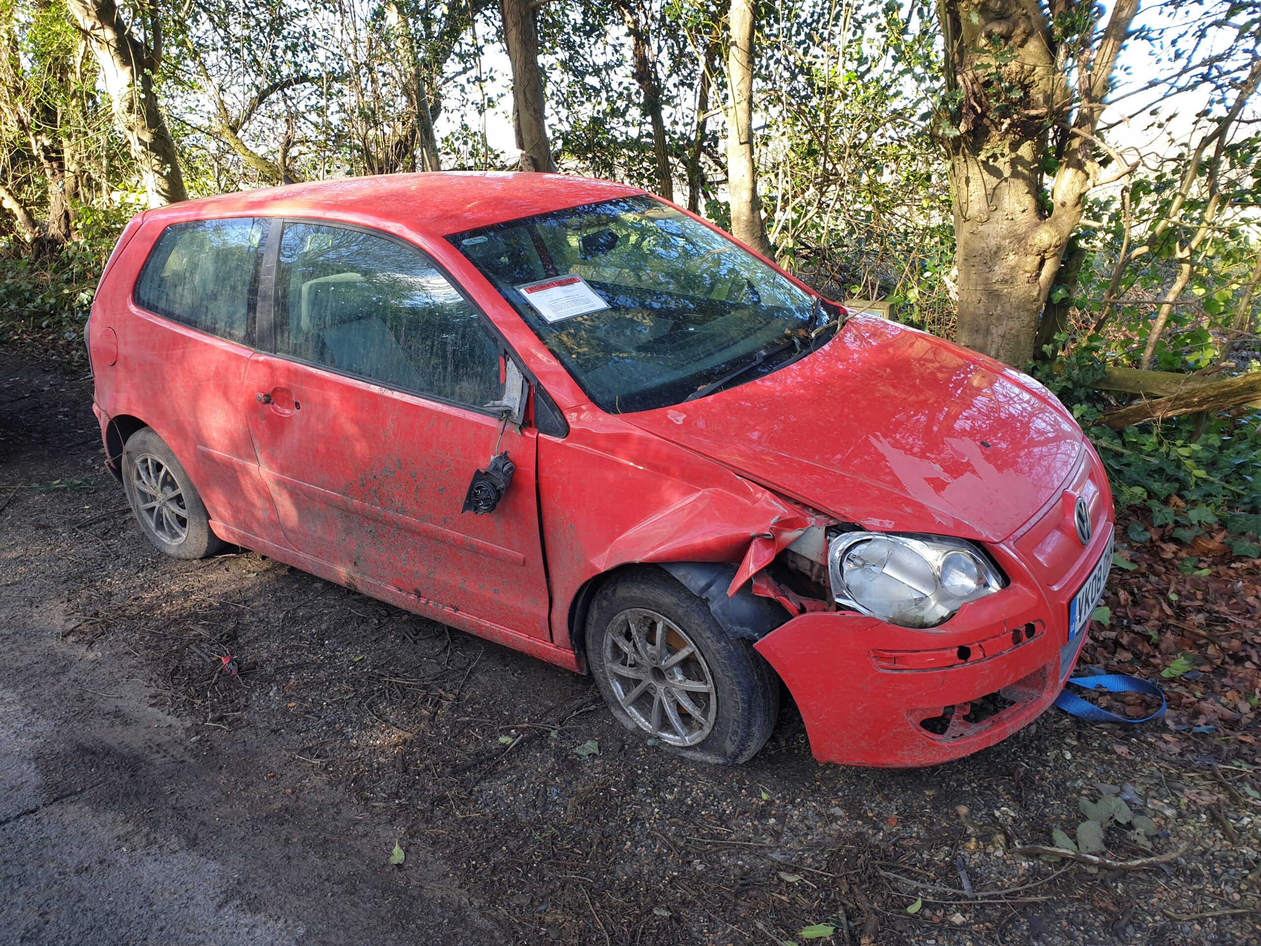 a picture of the red Volkswagen Polo, left on the B4526