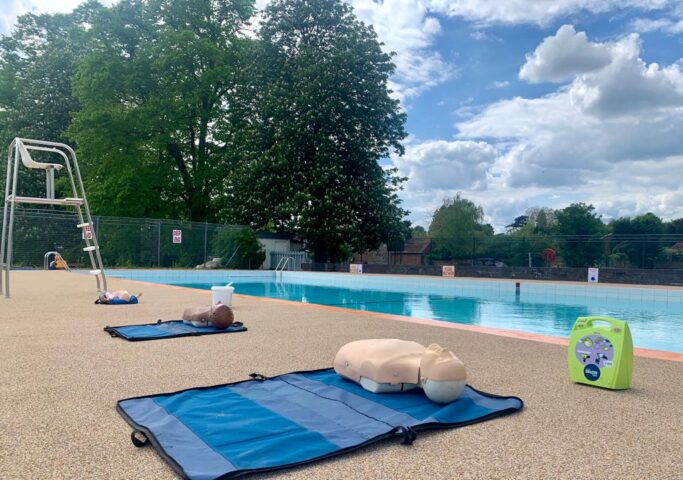 Riverside Pool in Wallingford on a sunny day with water safety and first aid equipment ready for a public training session