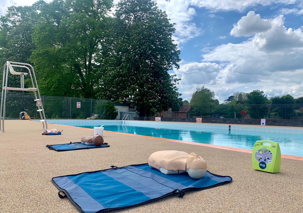 Riverside Pool in Wallingford on a sunny day with water safety and first aid equipment ready for a public training session