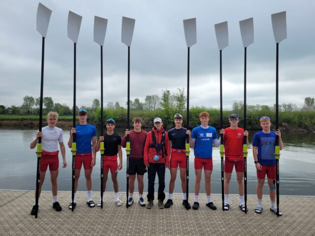 Wallingford Rowing Club with their new blades next to the River Thames