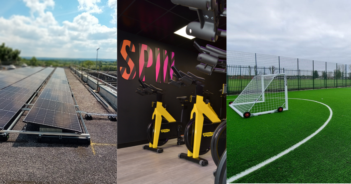 Images of leisure projects in the South. Thame Leisure Centre solar panels,Didcot Wave Spin Studio and Abbey Sports Centre ATP