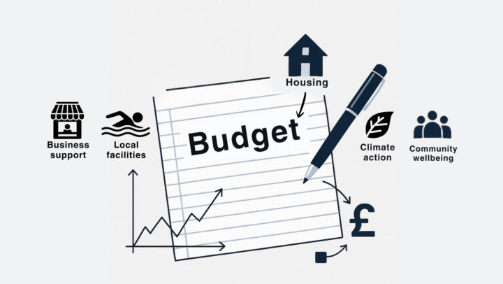 The image is a clean, conceptual illustration focused on the theme of local government or community budgeting. It uses a mix of icons and hand-drawn elements to show how financial planning impacts various public sectors.Central ElementsA Budget Notebook: In the center, there is a piece of lined paper with the word 