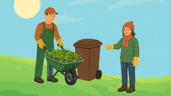 a man with a barrow full of garden waste, next to a brown bin and a woman pointing at the bin