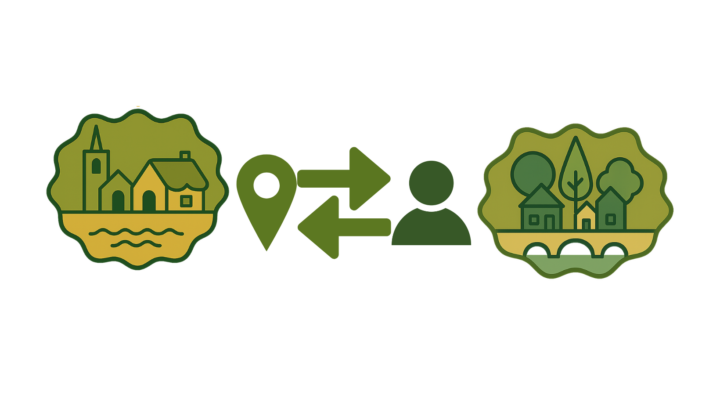 An infographic illustration on a white background featuring two green decorative seals containing community scenes, connected by icons in the center. The left seal shows a village with a church and houses above wavy lines representing water. The right seal shows houses and various trees above a stone bridge. Between them are a green location pin icon and a person icon, linked by two horizontal arrows pointing in opposite directions, suggesting movement or a relationship between different locations and the people within them.