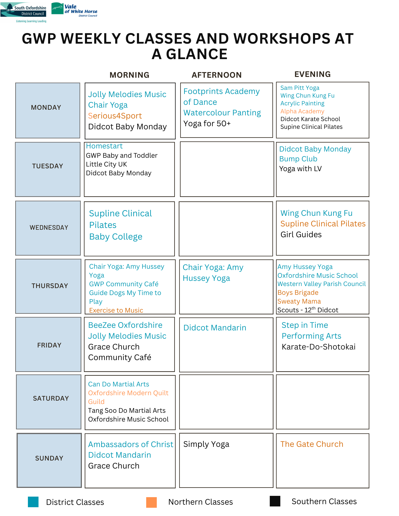A list of classes taking place at each centre and the time of day they happen