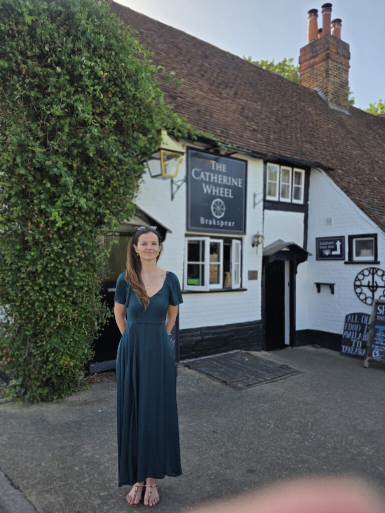 Cllr Maggie Filipova-Rivers, Leader of South Oxfordshire District Council outside The Catherine Wheel, Goring. Copyright Cllr Maggie Filipova-Rivers.