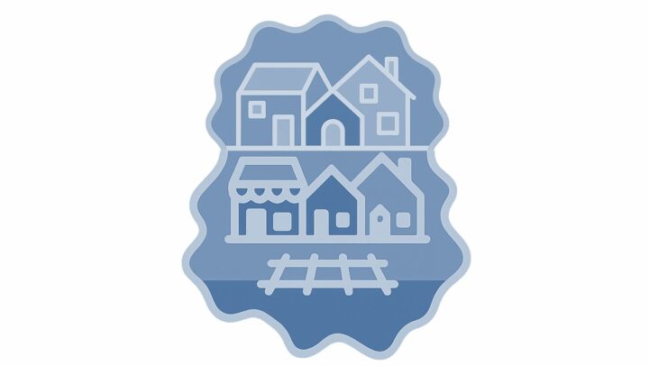 An icon featuring a stylized community layout in a monochrome blue color scheme, enclosed in a wavy, cloud-like badge. The graphic is divided horizontally into three main tiers: Top Tier: Features line drawings of three residential houses clustered together. Middle Tier: Displays a small commercial shop with an awning on the left and two additional houses to its right. Bottom Tier: Shows a small section of a wooden fence or train track sitting on a solid blue ground line.