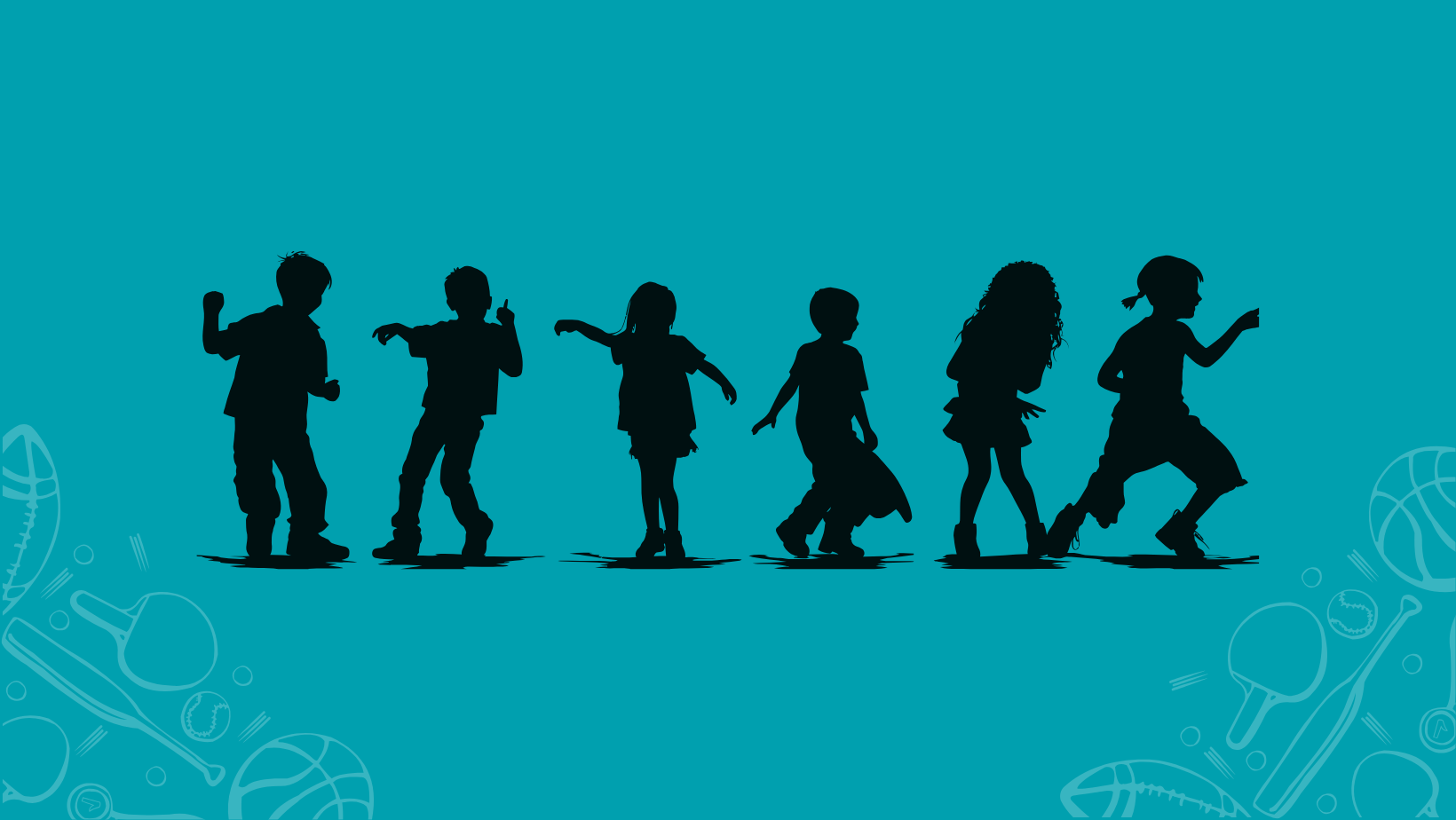 Silhouettes of six children standing and playing against a bright teal background, with outlines of various sports equipment such as footballs, table tennis paddles, bats, and balls in the corners.