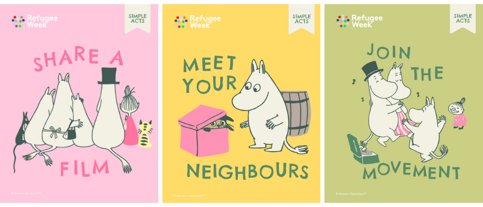 three posters for refugee week showing simple acts of kindness, share a film, meet your neighbours, join the movement 