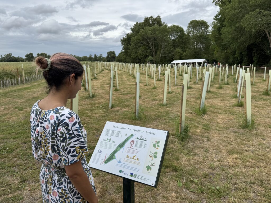 Cllr Hayleigh Gascoigne reads the noticeboard at the newly planted Quaker Wood.