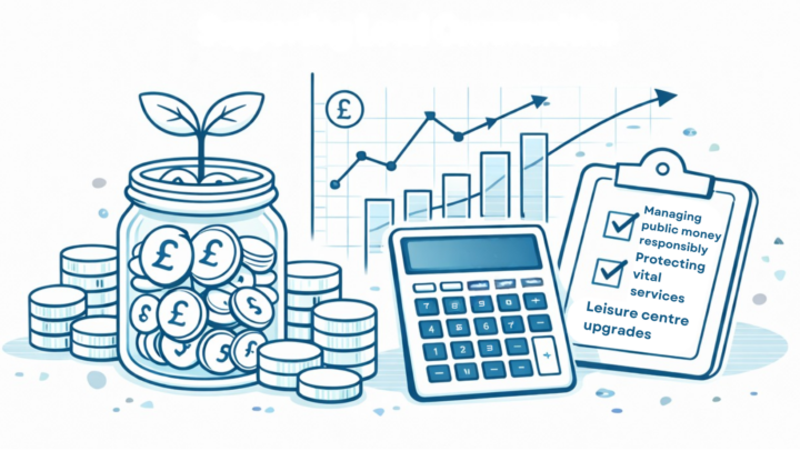 This illustration is a clean, blue-toned graphic focused on financial management and public services, likely for a local council or government body in the UK (given the £ symbols). Here is a breakdown of the key elements: Core Visual Components The Growth Jar: A glass jar filled with pound coins and a small plant growing out of the top, symbolizing investment and financial growth. The Data Chart: A bar graph with an upward-trending line in the background, representing positive economic progress or performance tracking. The Calculator: A standard digital calculator, emphasizing budgeting, accuracy, and calculation. The Checklist: A clipboard with three specific priorities: Managing public money responsibly (Checked) Protecting vital services (Checked) Leisure centre upgrades (Unchecked/Next step)