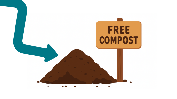 The graphic features a simple illustration of a large pile of brown compost with a wooden sign sticking out of it that reads 