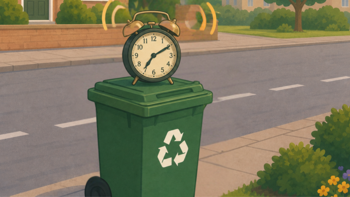 an alarm clock on a bin