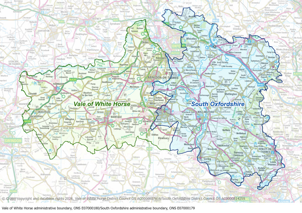 Map showing boundaries of South Oxfordshire and Vale of White Horse District Councils