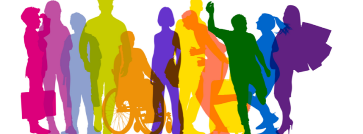 Silhouettes of people in different colours, men, women, people in wheelchairs, representing diversity and equality