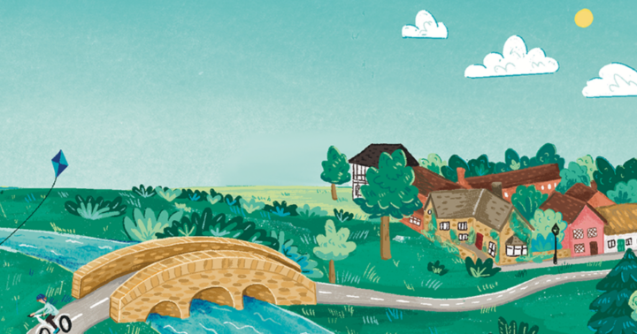 Illustration of countryside and rural village