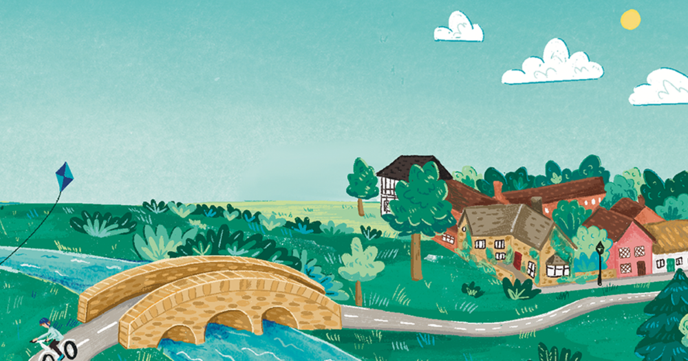 Illustration of countryside and rural village